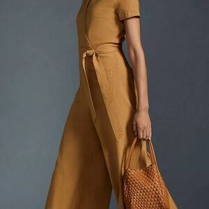 Anthropologie Mustard-Tan Short-Sleeve Wide-Leg Jumpsuit Maeve